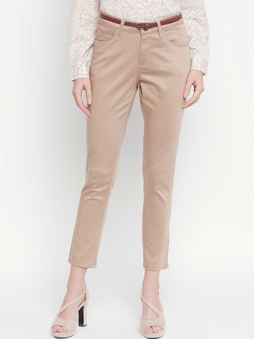 Annabelle by Pantaloons Women Khaki Slim Fit Solid Cropped Formal Trousers