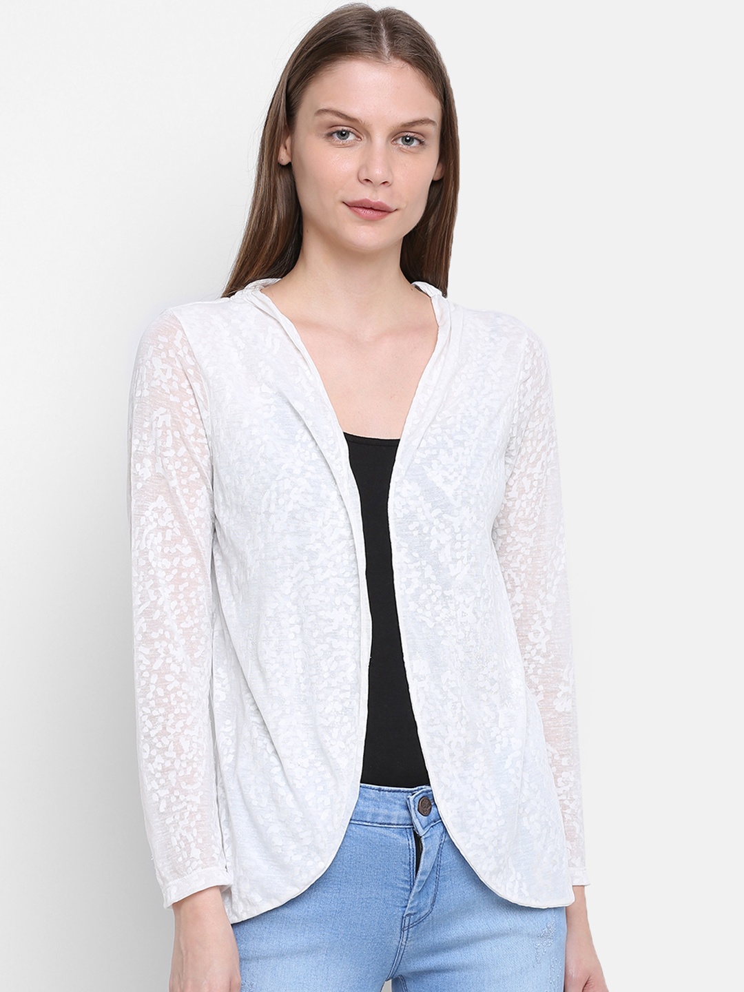 Rute Women White Printed Open Front Shrug