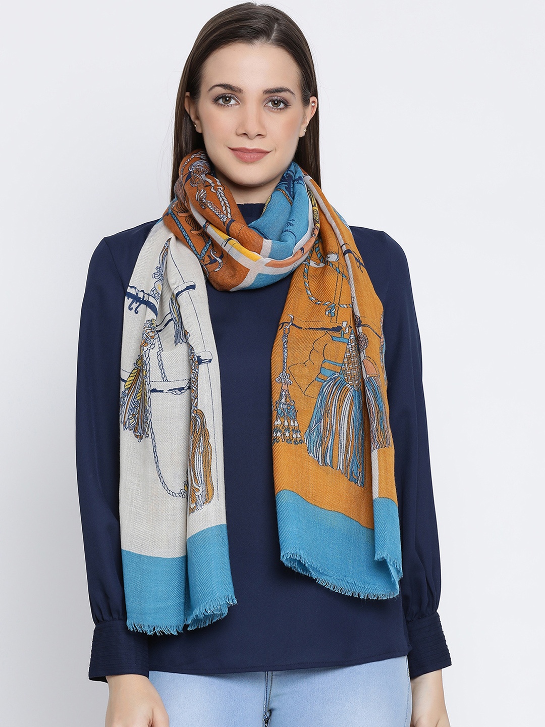SHINGORA Women Blue & White Printed Woolen Shawl
