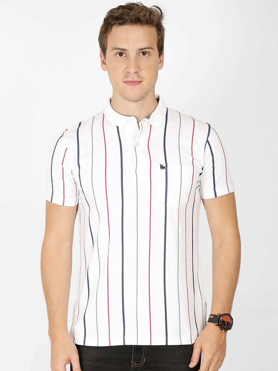 BULLMER Men White Striped Polo Collar T-shirt