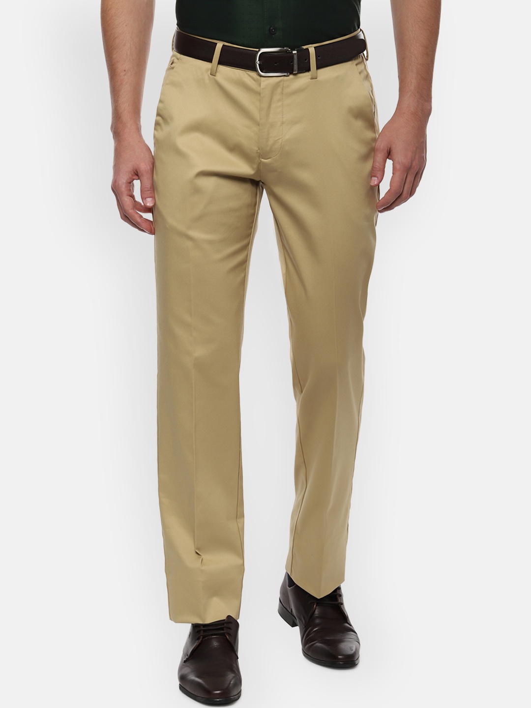Louis Philippe Men Beige Regular Fit Solid Formal Trousers