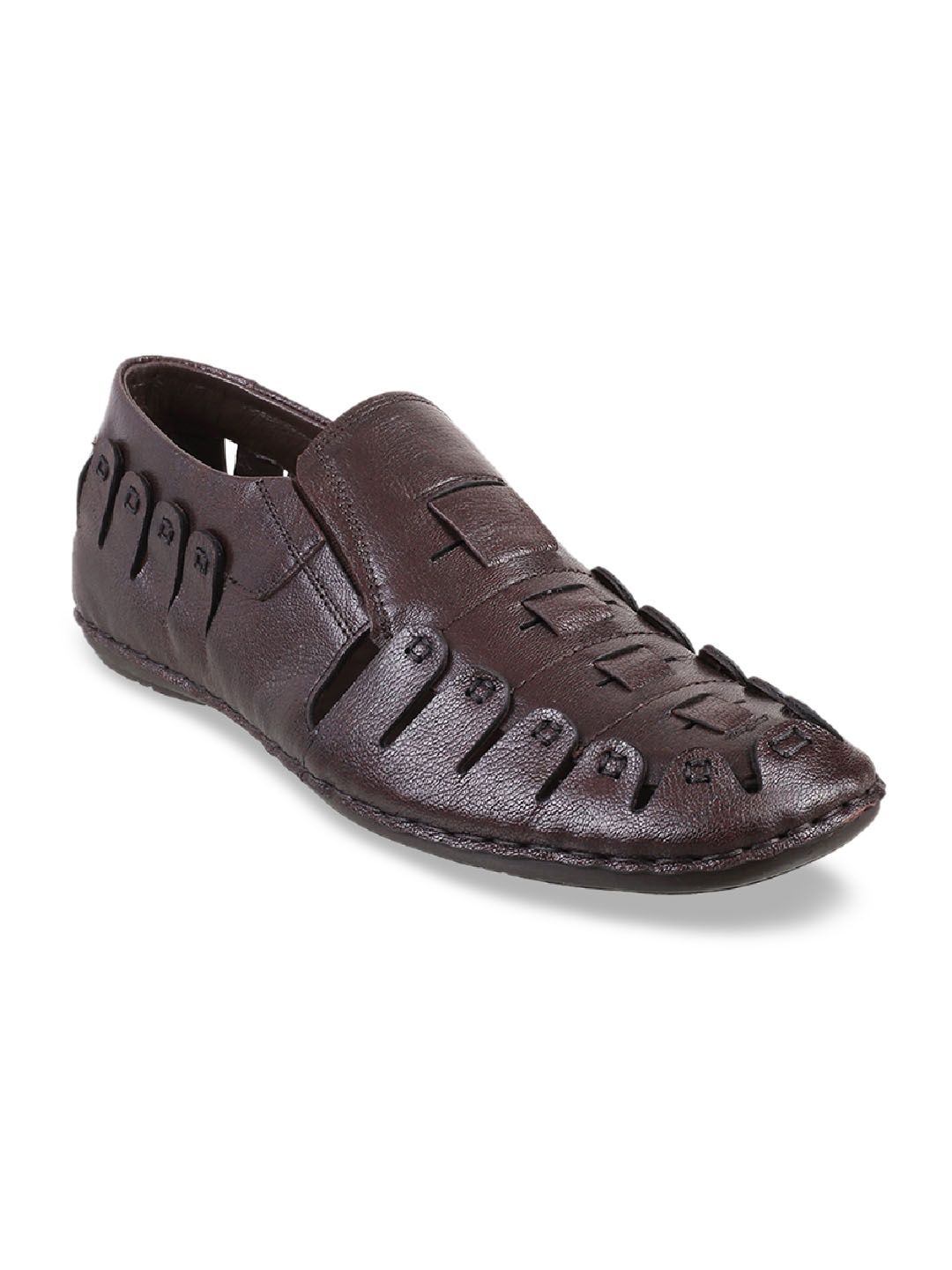Mochi Men Brown Solid Leather Shoe-Style Sandals