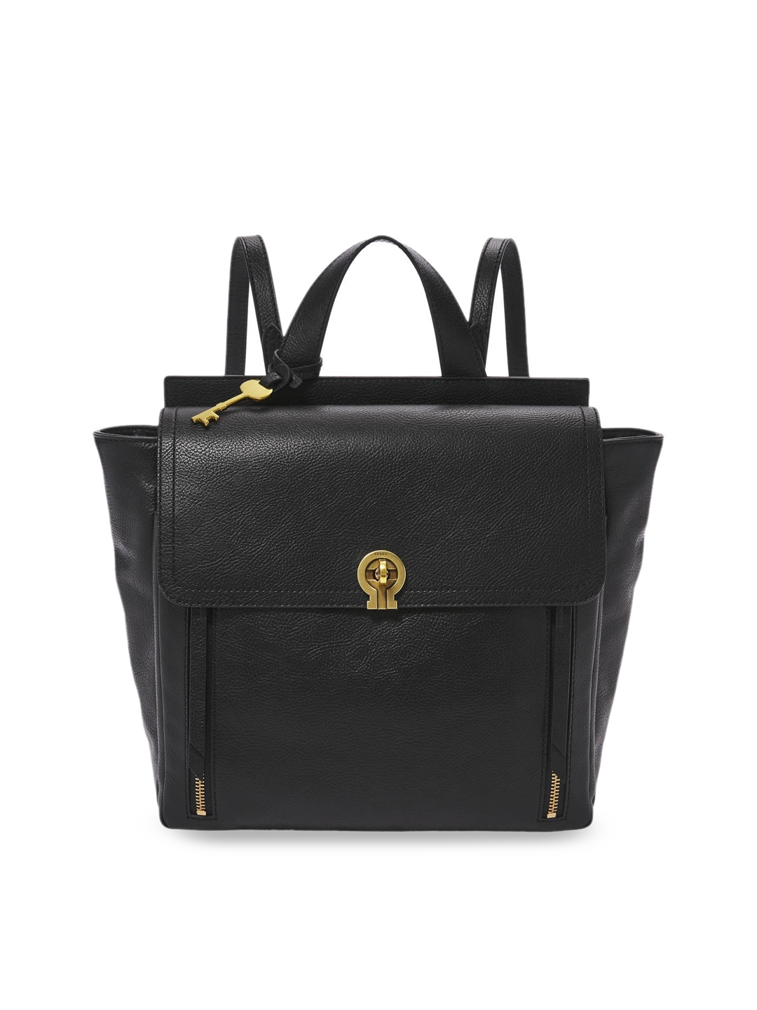 Fossil Women Black Solid Leather Backpack