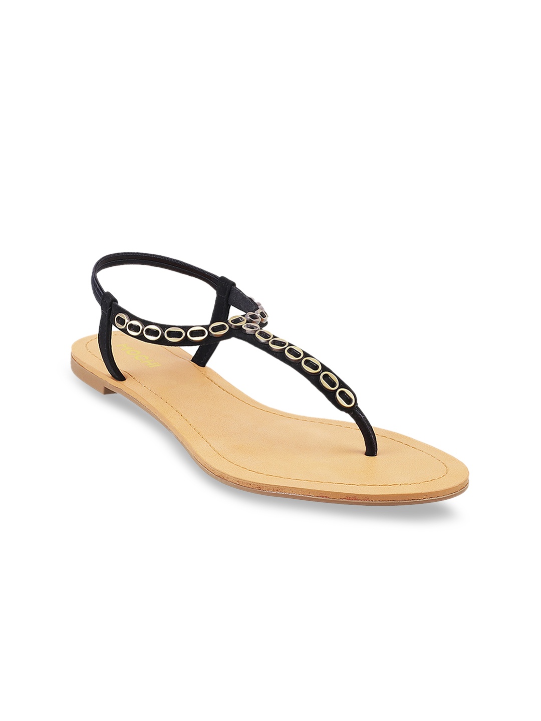 Mochi Women Black Embellished Open Toe Flats
