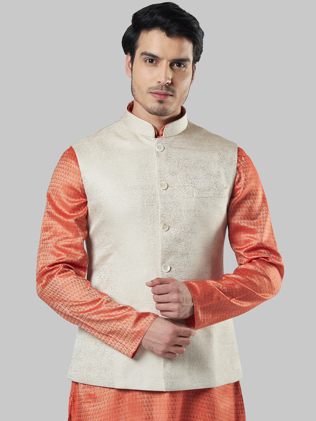 Ethnix by Raymond Men Beige Woven Design Nehru Jacket
Ethnix by Raymond Men Beige Woven Design Nehru Jacket