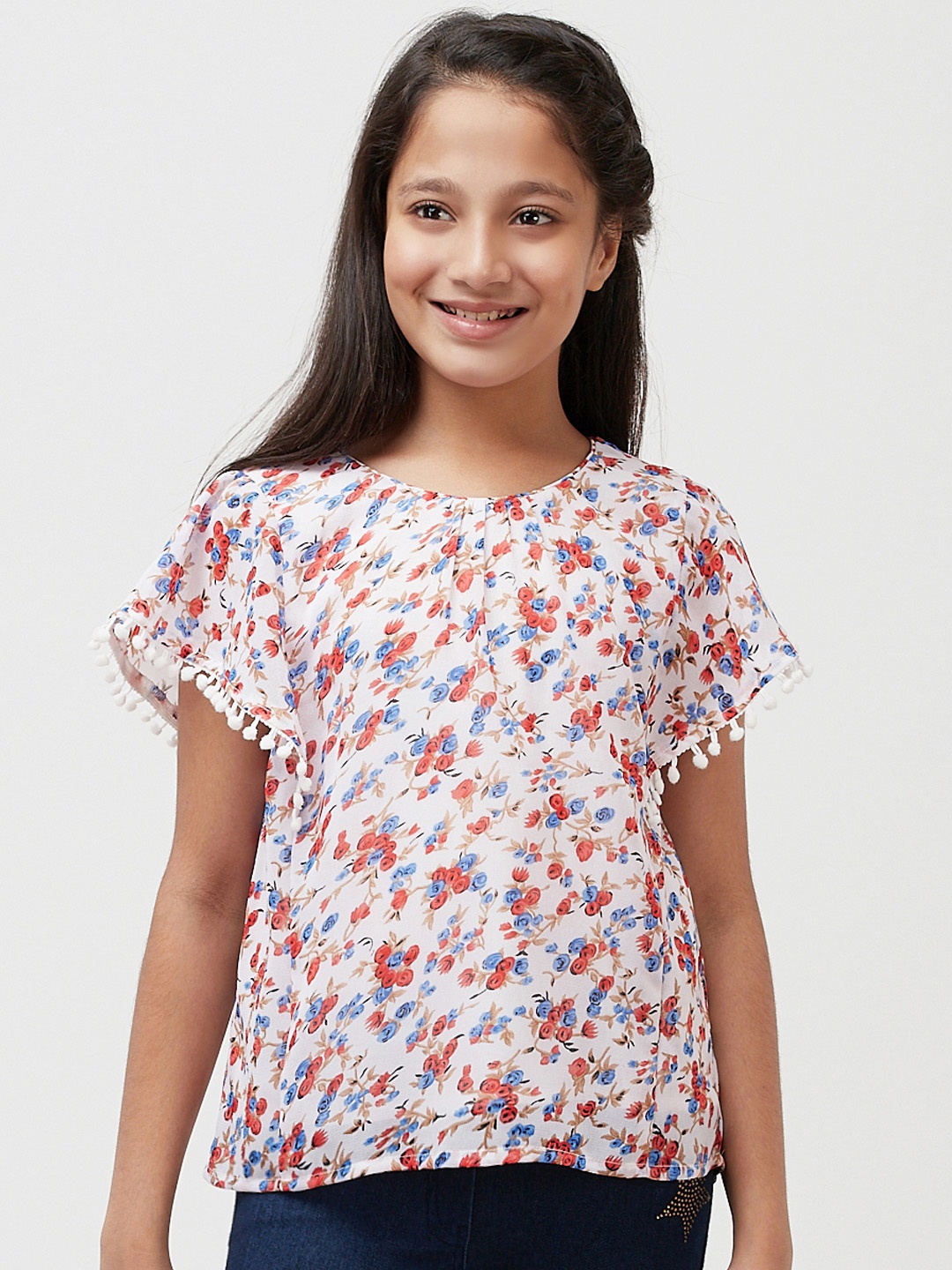 CACA CINA Girls Off-White & Pink Floral Printed Top