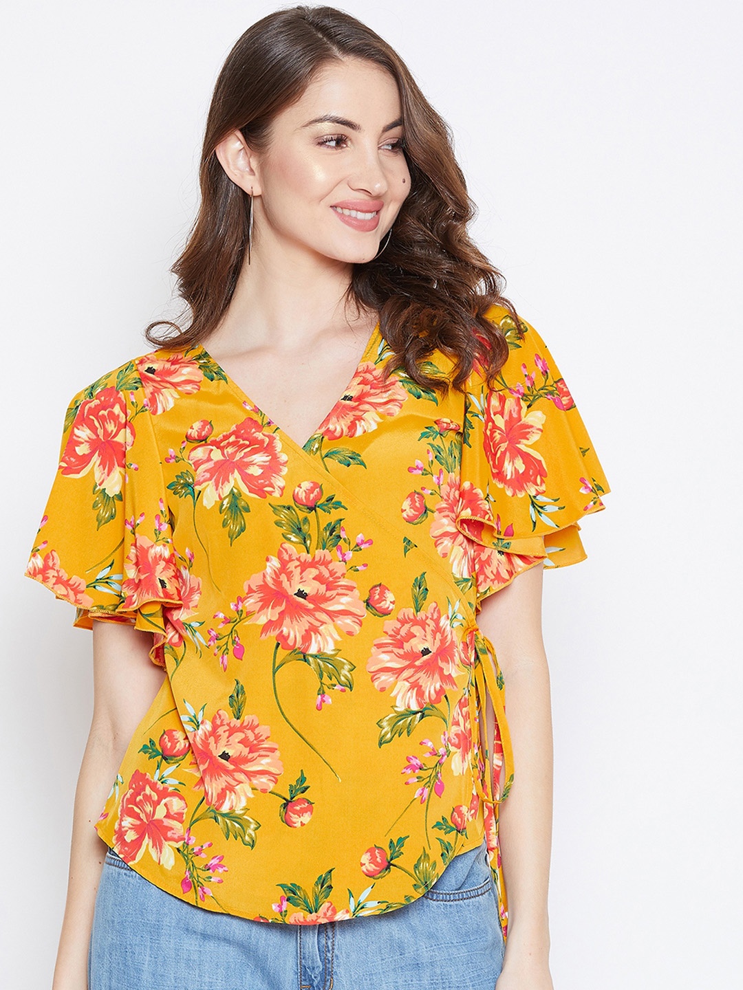 Berrylush Women Mustard Yellow & Pink Floral Printed Wrap Top