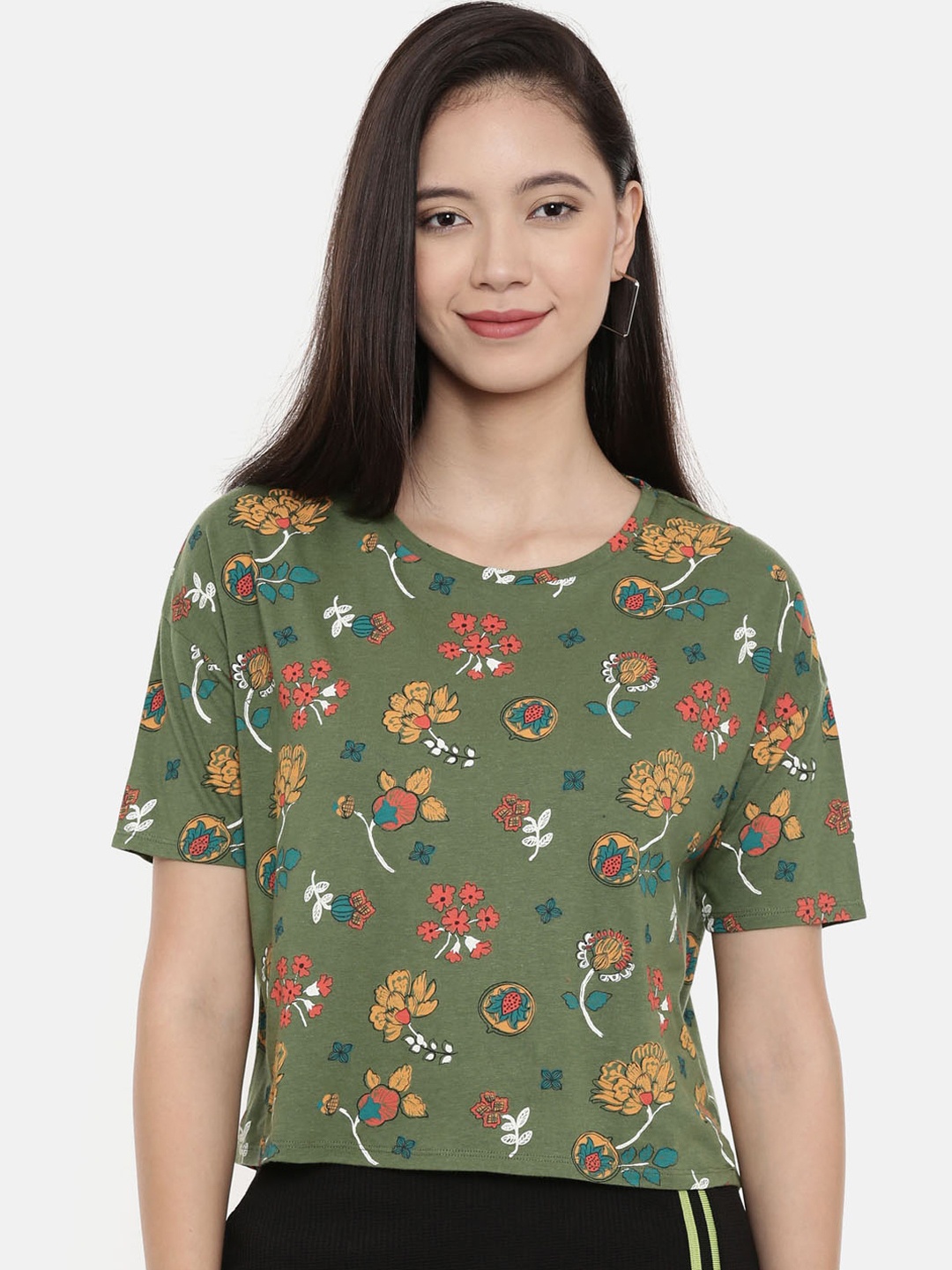 Chumbak Women Green Printed Round Neck Pure Cotton T-shirt