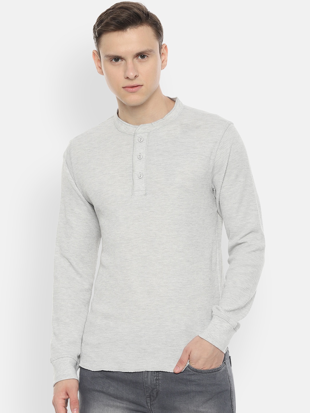 People Men Grey Solid Henley Neck T-shirt
