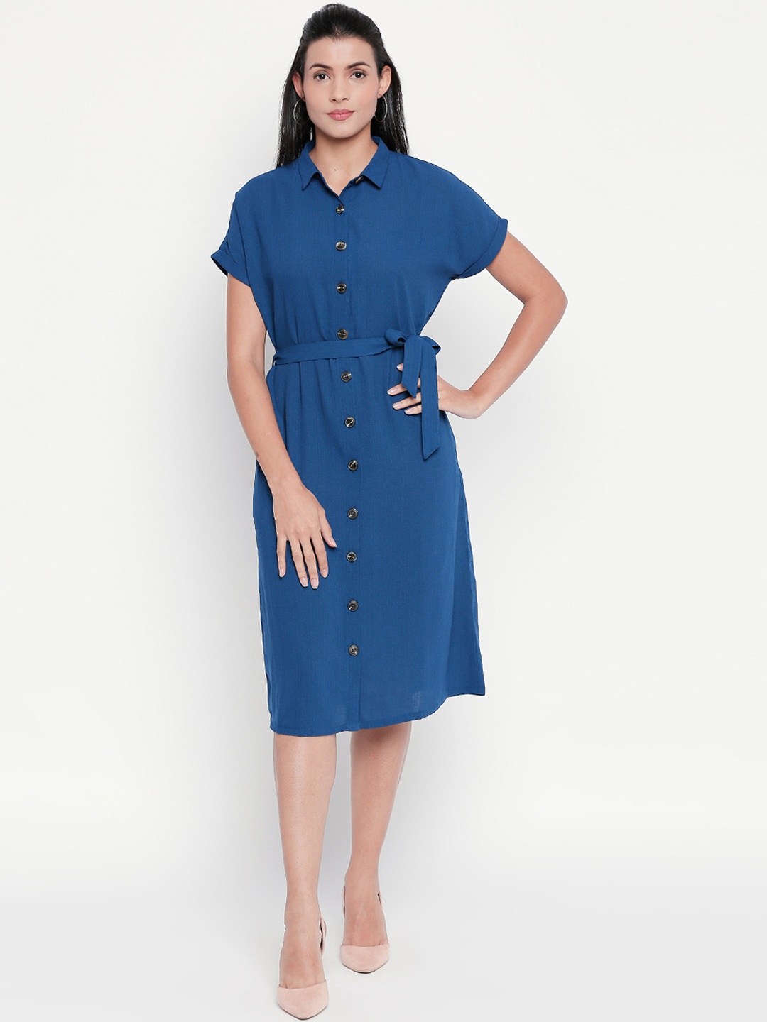 Honey by Pantaloons Women Solid Blue Shirt Dress