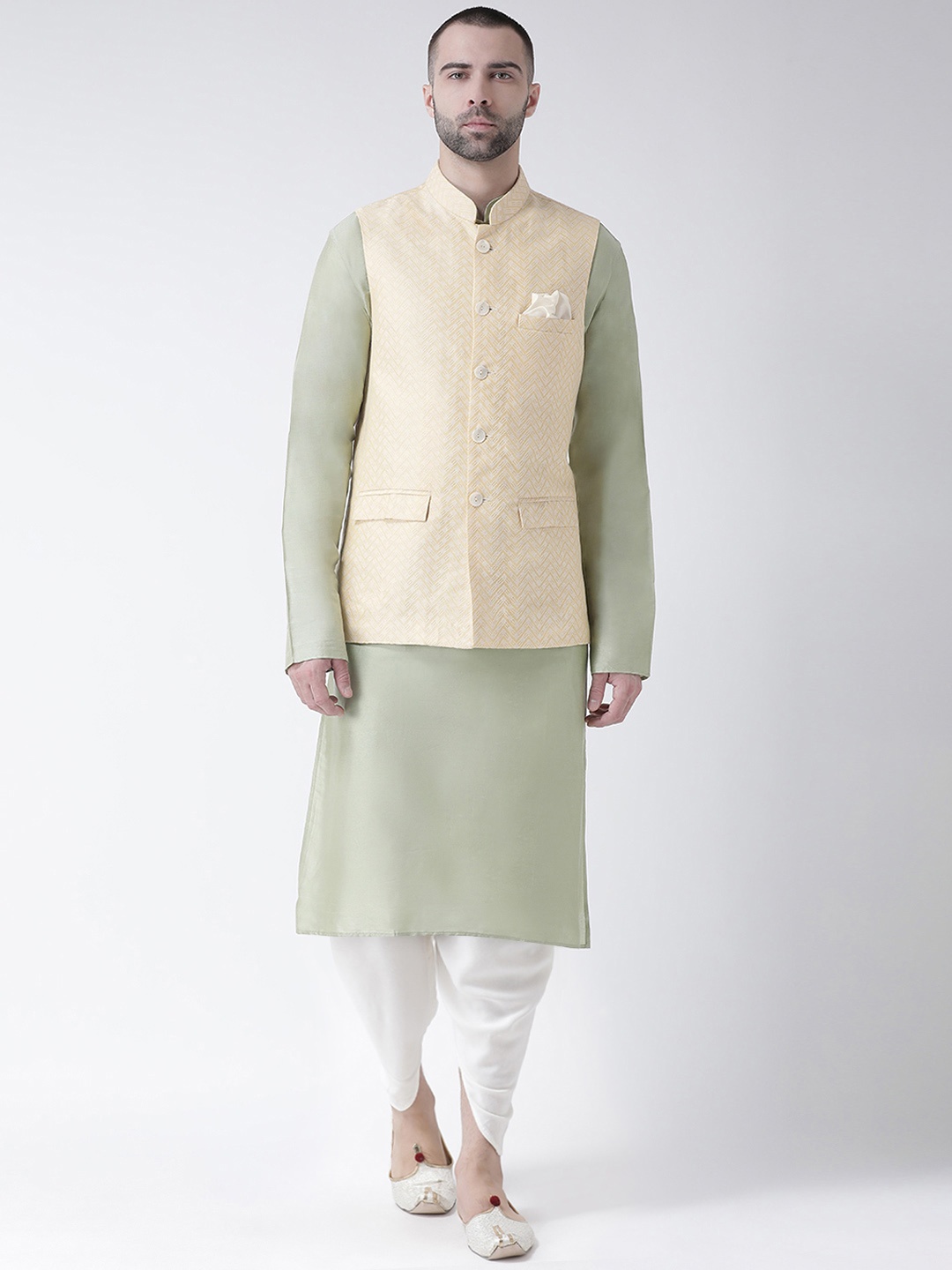 KISAH Men Green & Cream-Coloured Solid Kurta Set