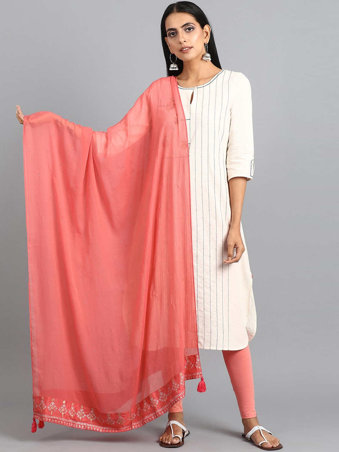WISHFUL Peach-Coloured Solid Dupatta