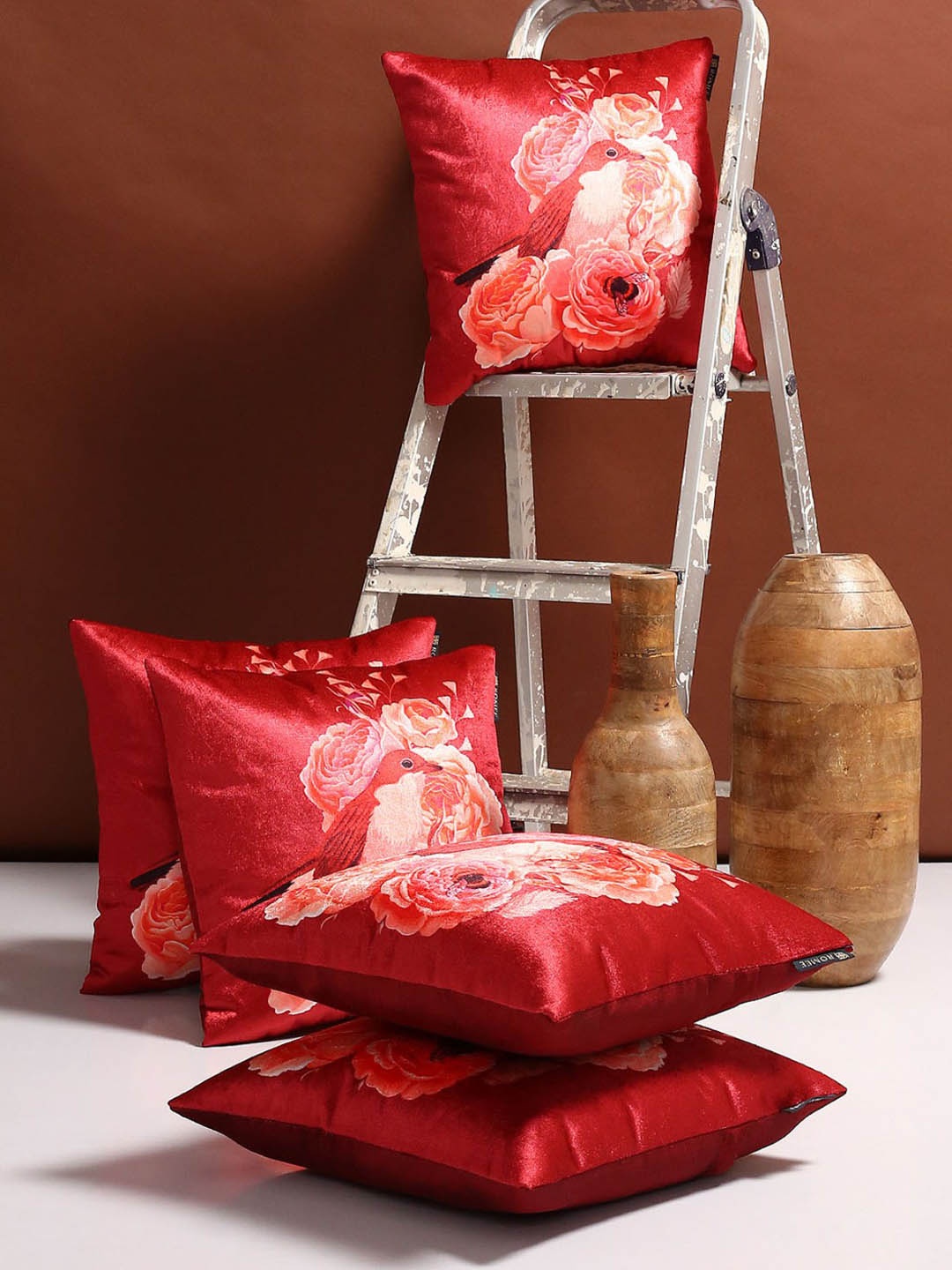 ROMEE Red Set of 5 Floral Square Cushion Covers