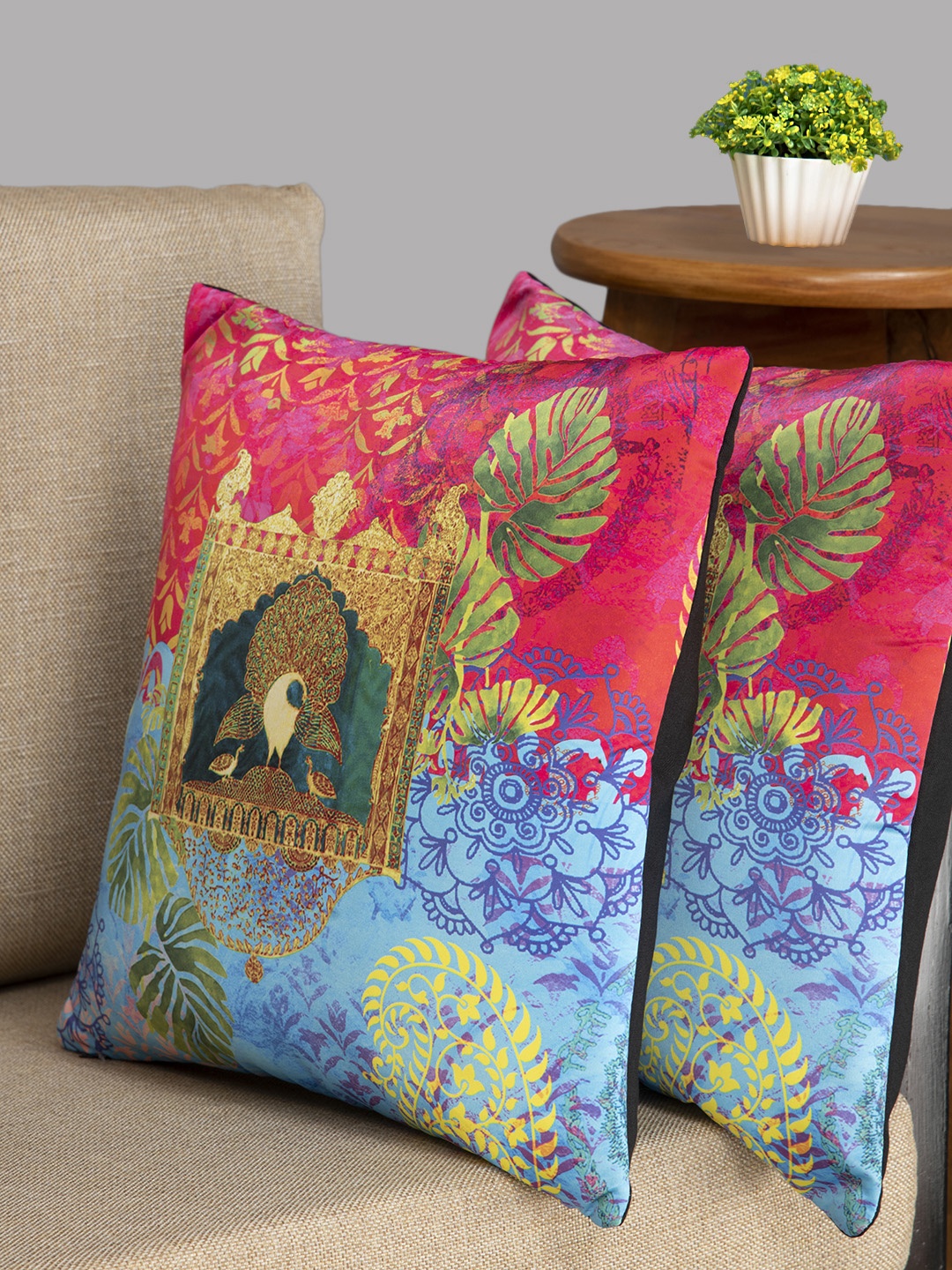 HOUZZCODE Multicoloured Set of 2 Ethnic Motifs Square Cushion Covers, Multi