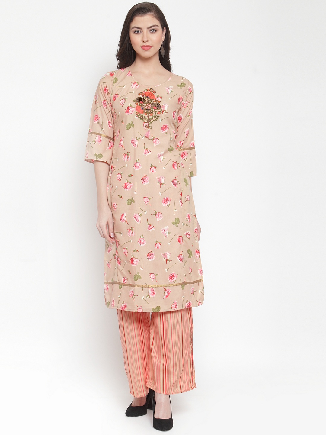 Aujjessa Women Beige & Pink Printed Kurta with Palazzos