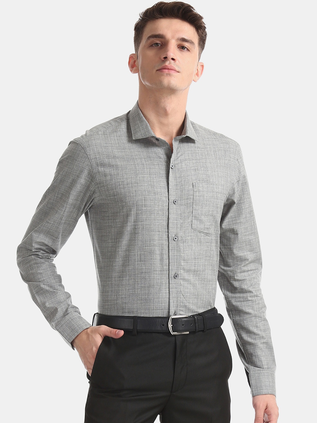 Arrow Men Grey Slim Fit Checked Formal Shirt