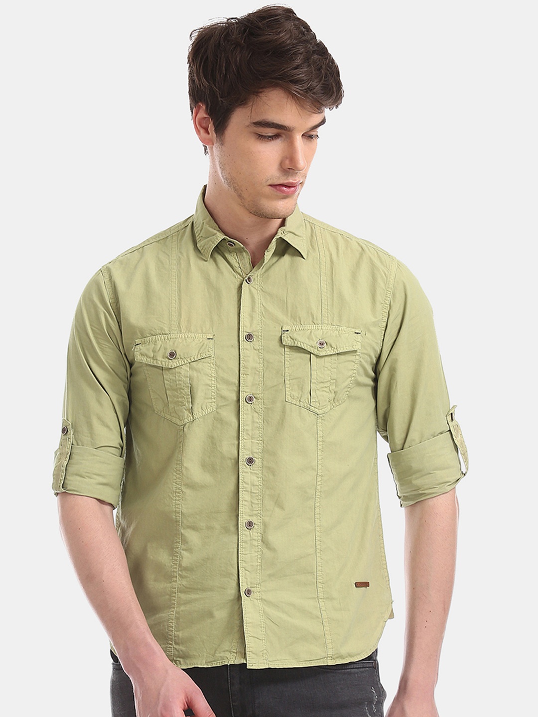 Cherokee Men Green Regular Fit Solid Casual Shirt