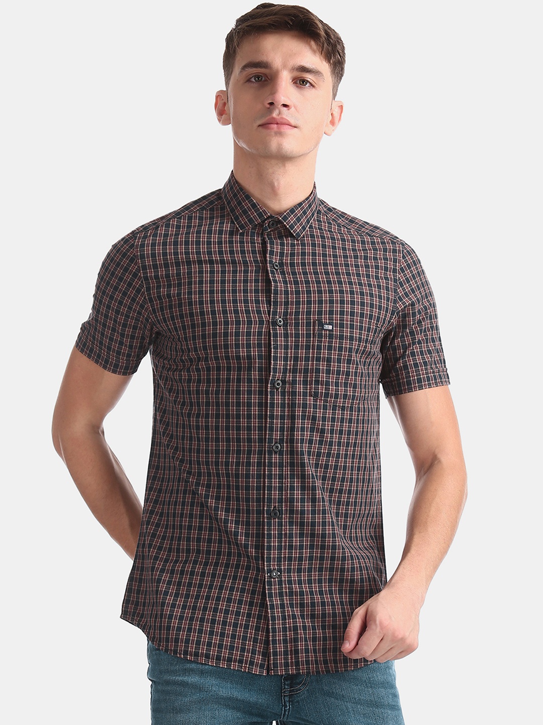 Arrow Sport Men Navy Blue & Brown Slim Fit Checked Casual Shirt