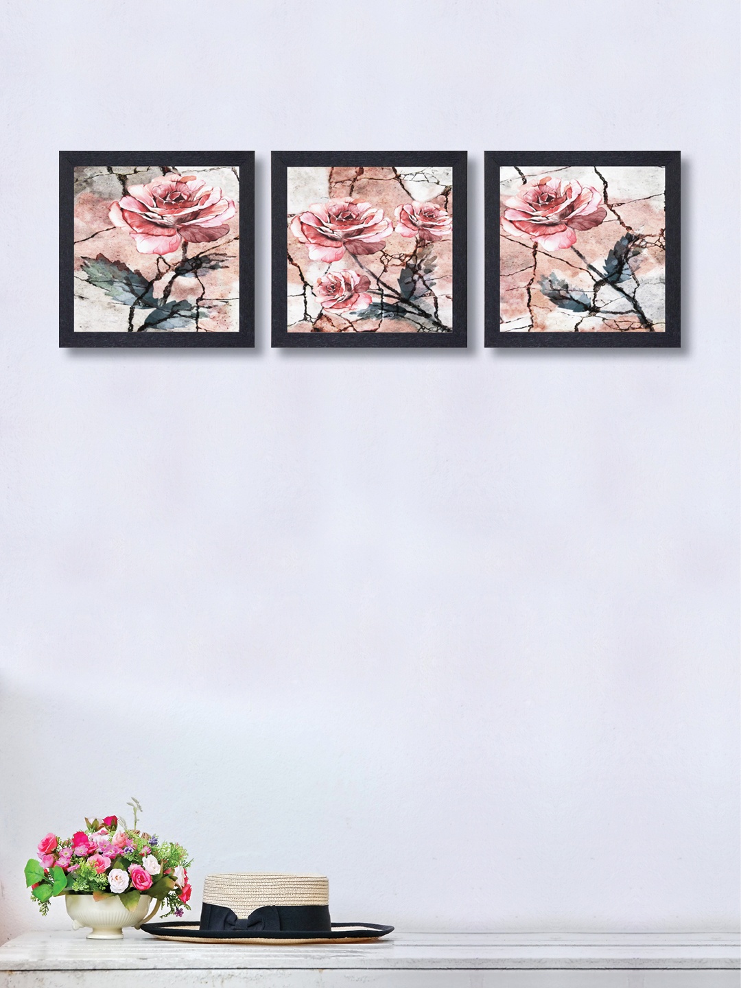 nest ART Set of 3 Synthetic Wood Rose Paintings Wall Art, Multi