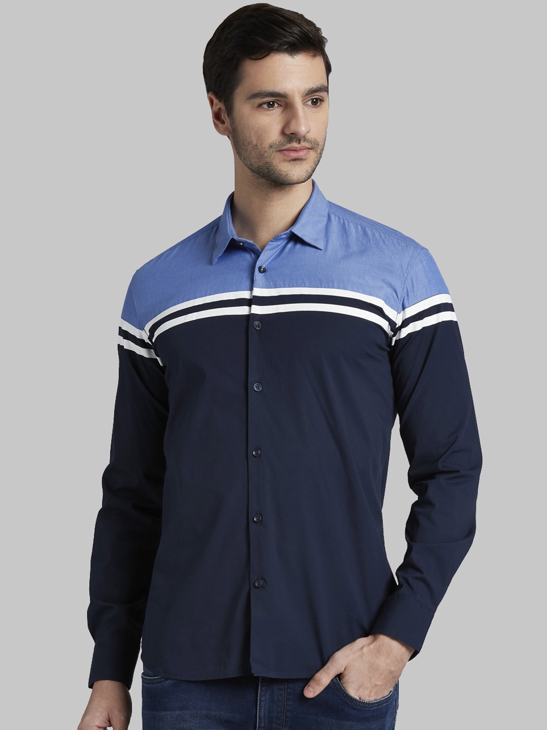 Parx Men Blue Slim Fit Colourblocked Casual Shirt