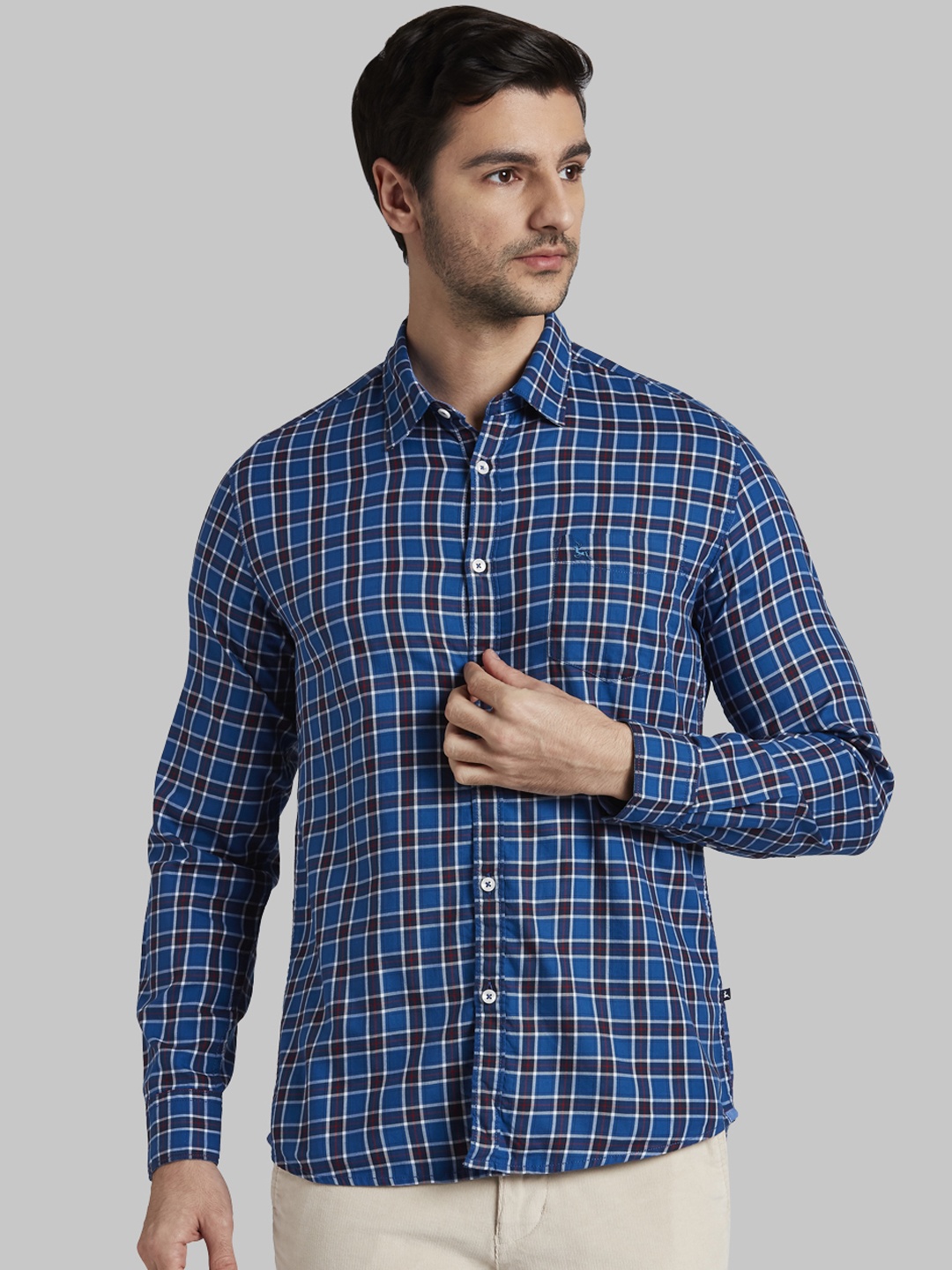 Parx Men Blue Slim Fit Checked Casual Shirt