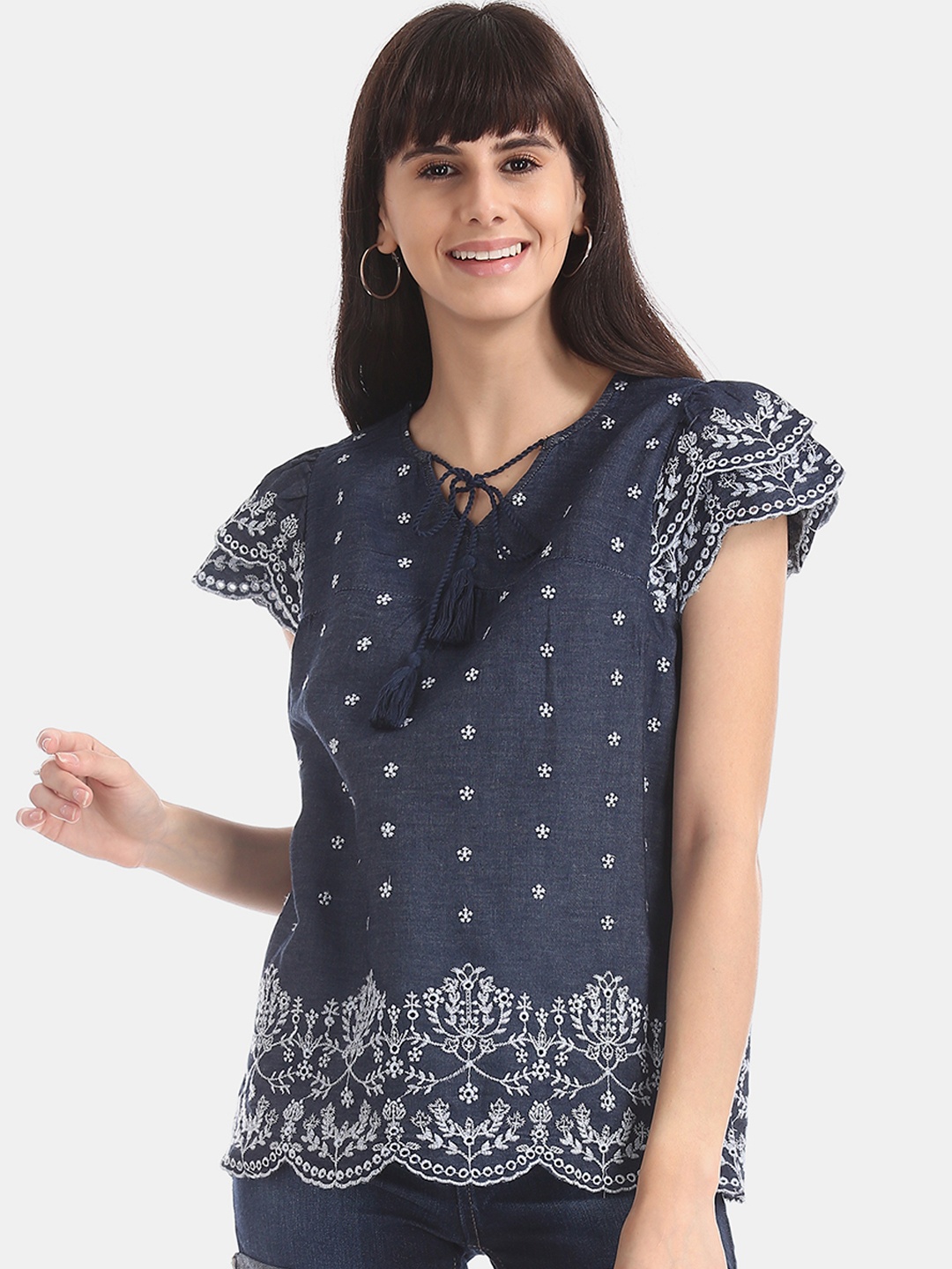 Aeropostale Women Blue Self Design Pure Cotton Top