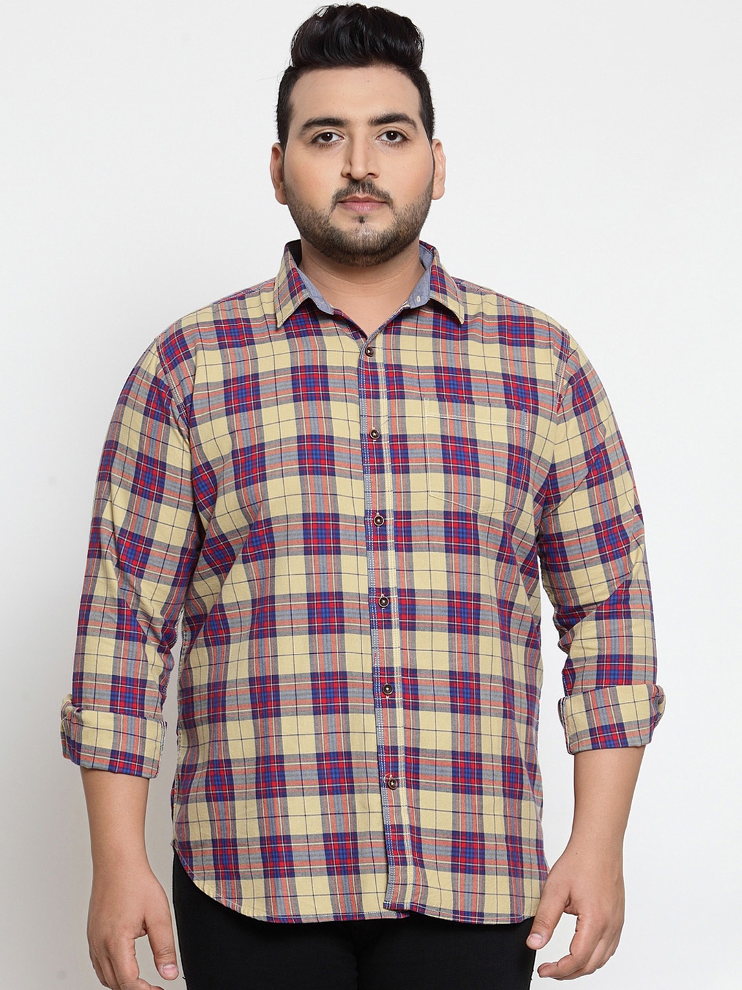 plusS Men Yellow & Purple Regular Fit Checked Casual Shirt