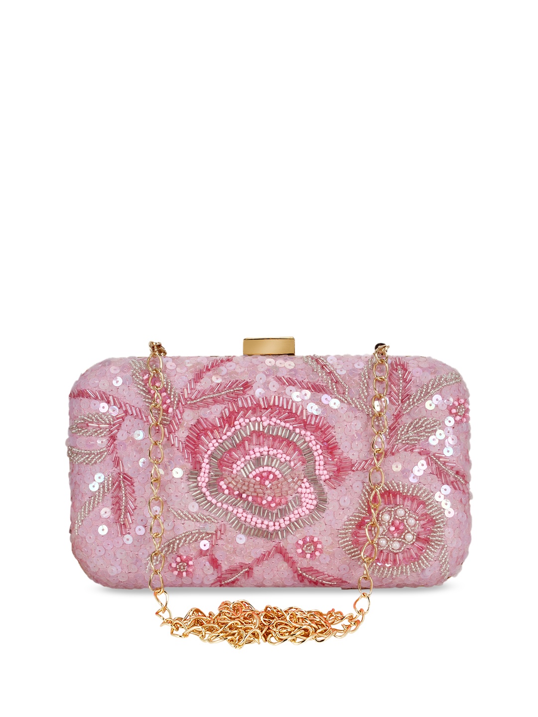 Anekaant Pink Sequinned Embellished Box Clutch