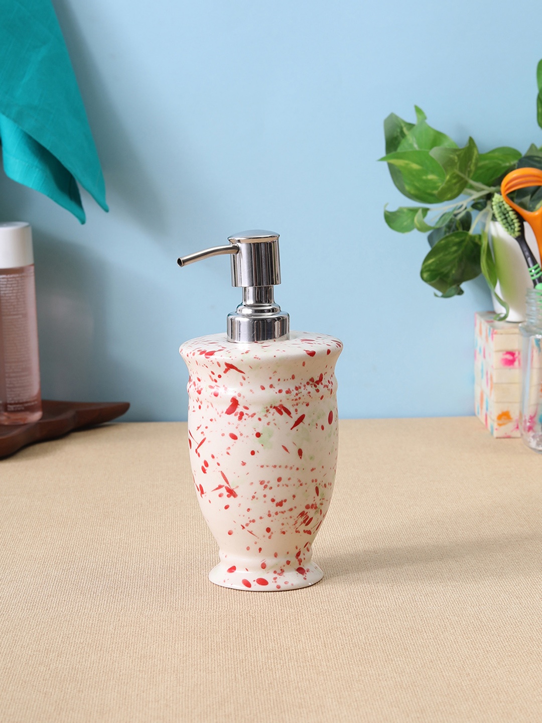 VarEesha White & Red Spray Printed Ceramic Liquid Soap Dispenser