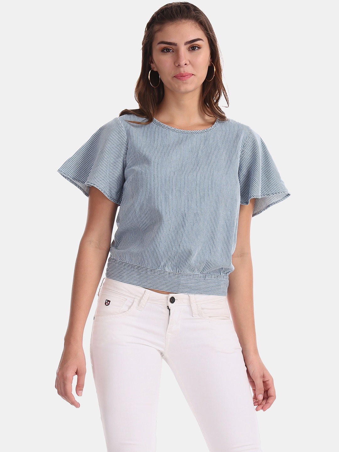 Flying Machine Women Blue Striped Pure Cotton Top