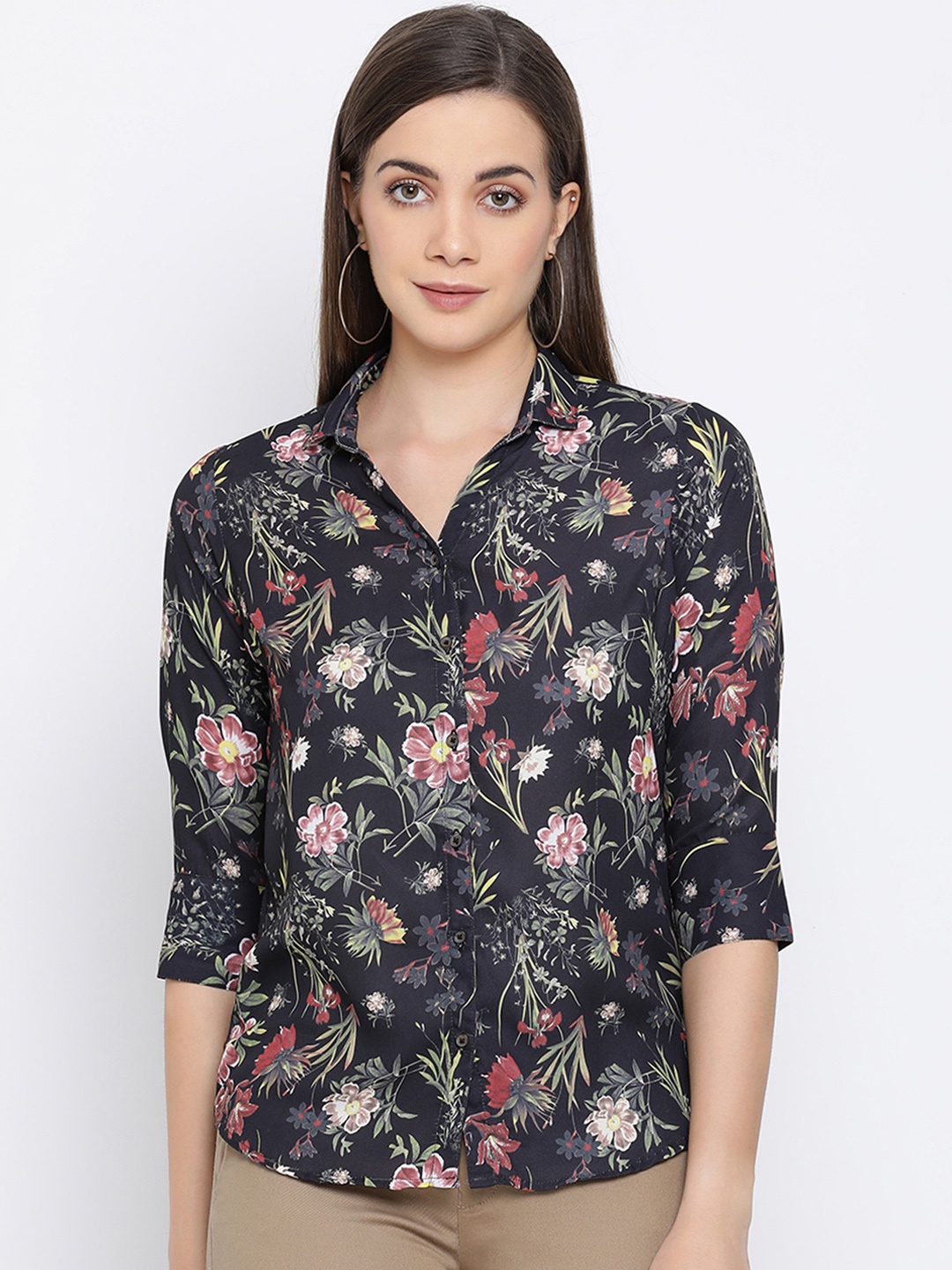 Crimsoune Club Women Black Slim Fit Printed Casual Shirt