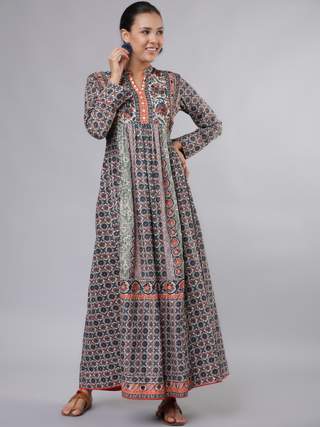 Vishudh Women Rust Brown & White Printed Maxi Dress