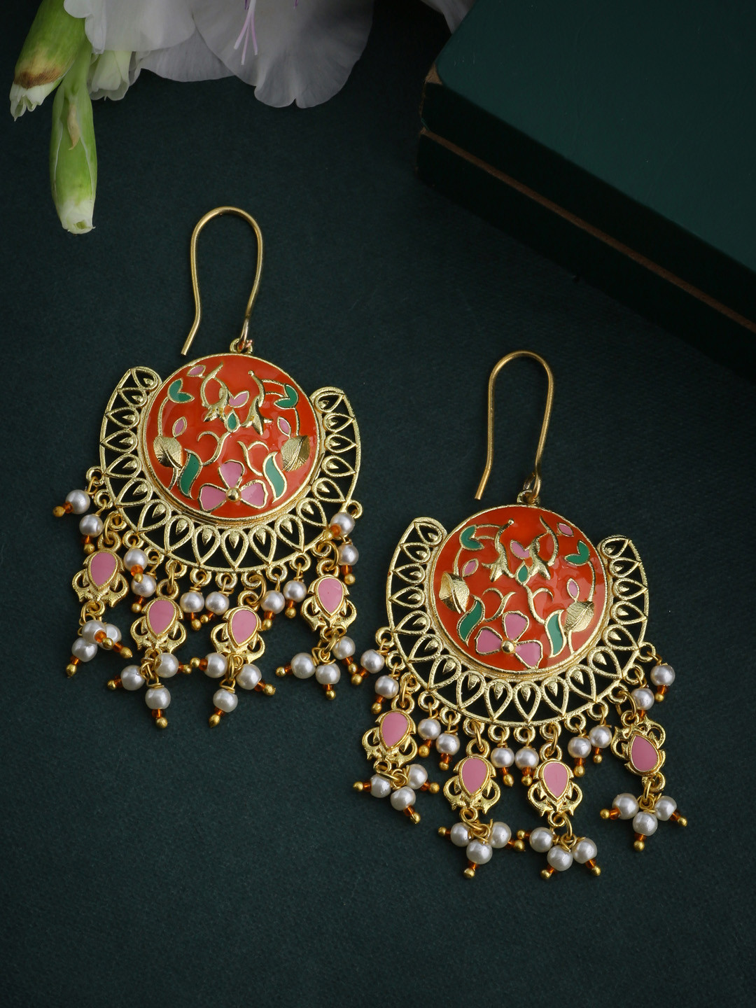 Voylla Gold-Plated & Orange Enamelled Circular Drop Earrings
Voylla Gold-Plated & Orange Enamelled Circular Drop Earrings