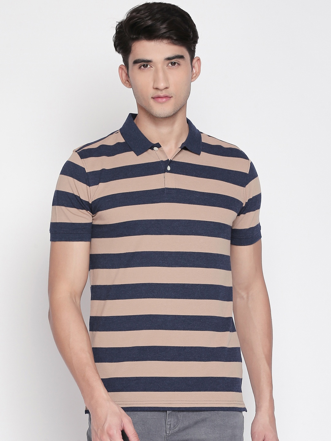 BYFORD by Pantaloons Men Beige & Navy Blue Striped Polo Collar T-shirt