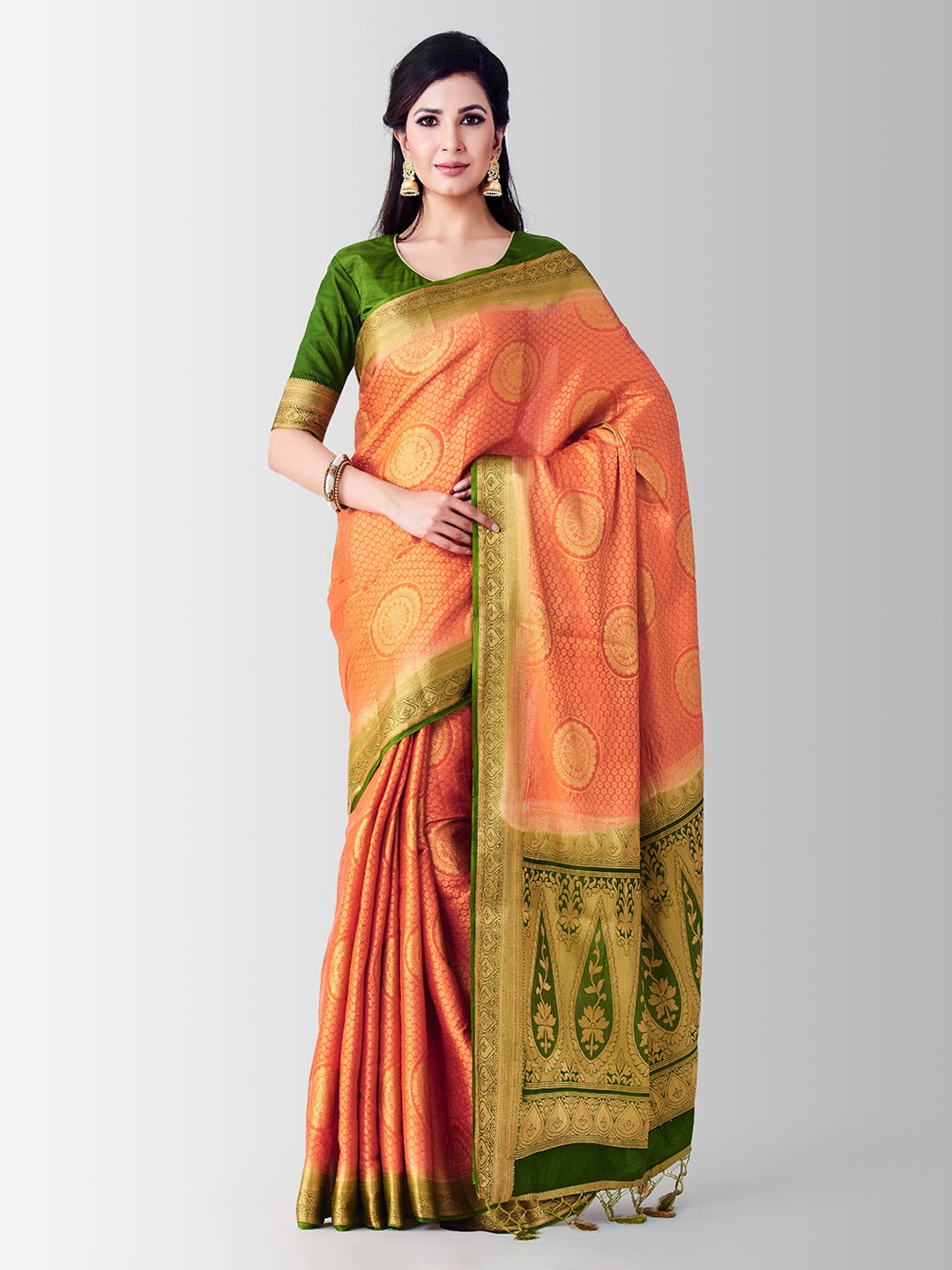 Mitera Orange Embellished Kanjeevaram Saree