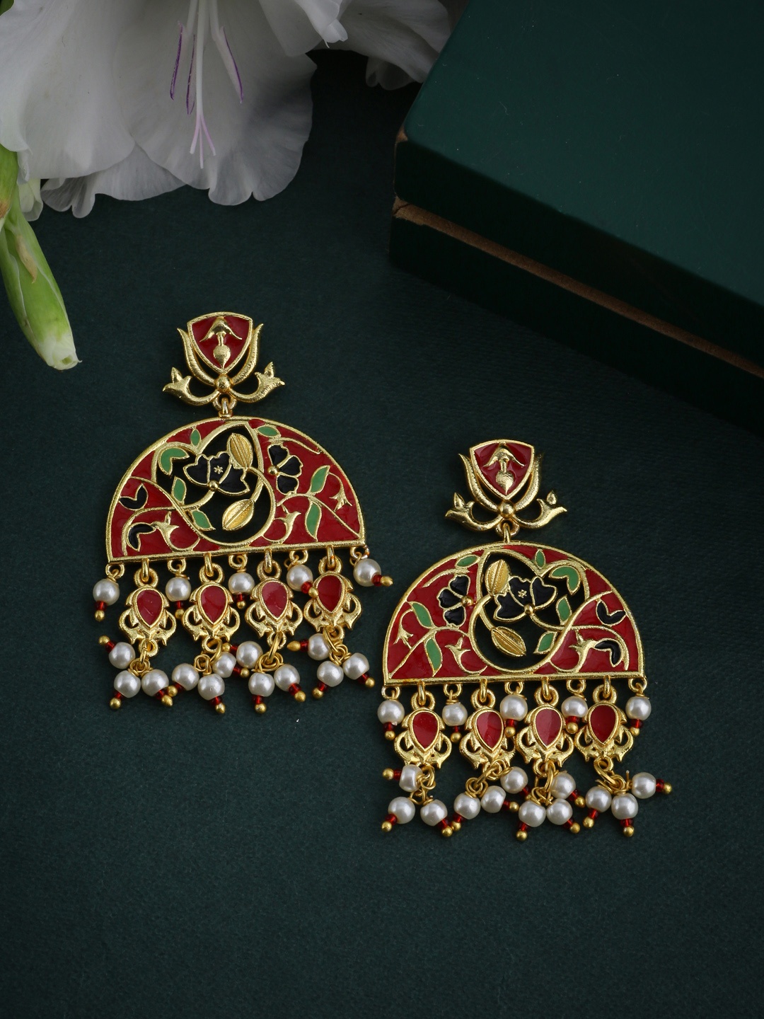 Voylla Gold-Toned & Red Classic Drop Earrings