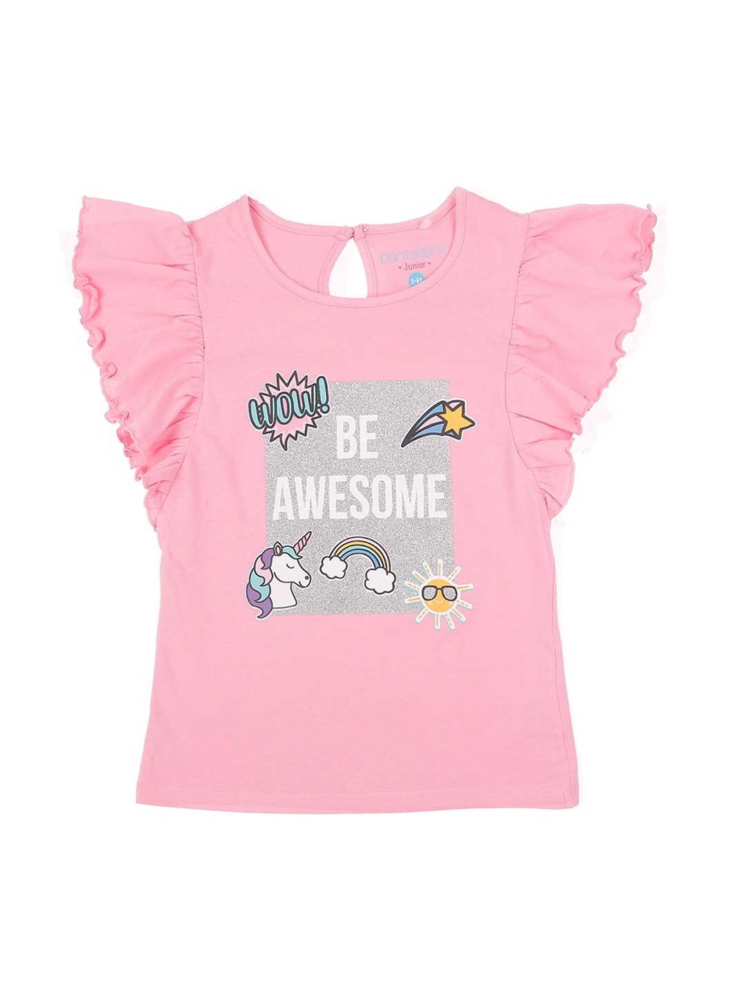 Pantaloons Junior Girls Pink Grey Printed Round Neck Pure Cotton T-shirt