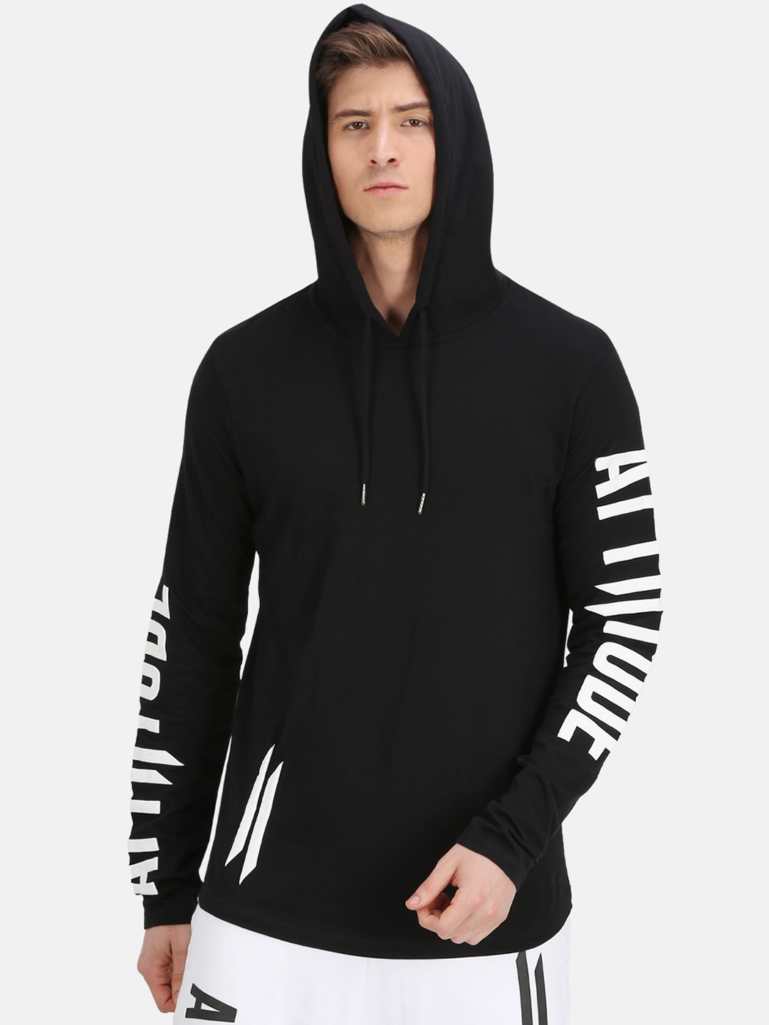 ATTIITUDE Men Black Solid Hood Slim Fit T-shirt