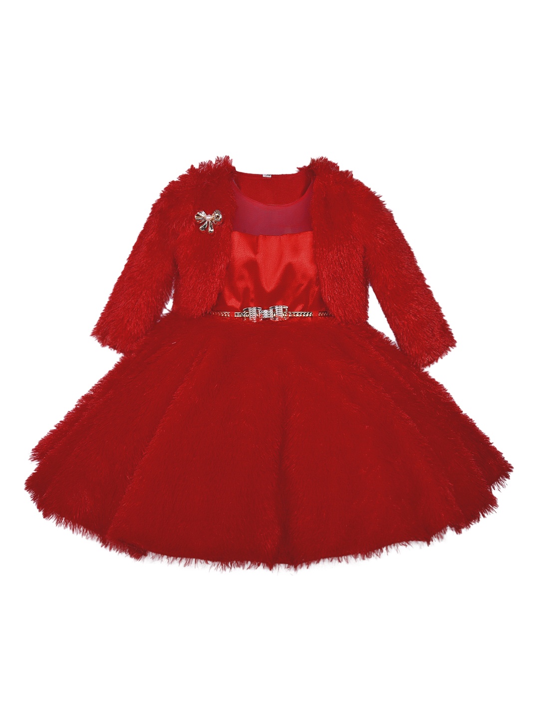 Wish Karo Girls Red Solid Fit and Flare Dress With Shrug