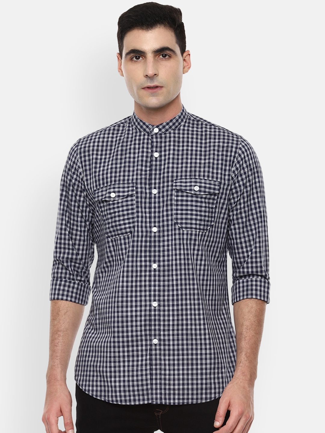 Van Heusen Sport Men Navy Blue & White Slim Fit Checked Casual Shirt