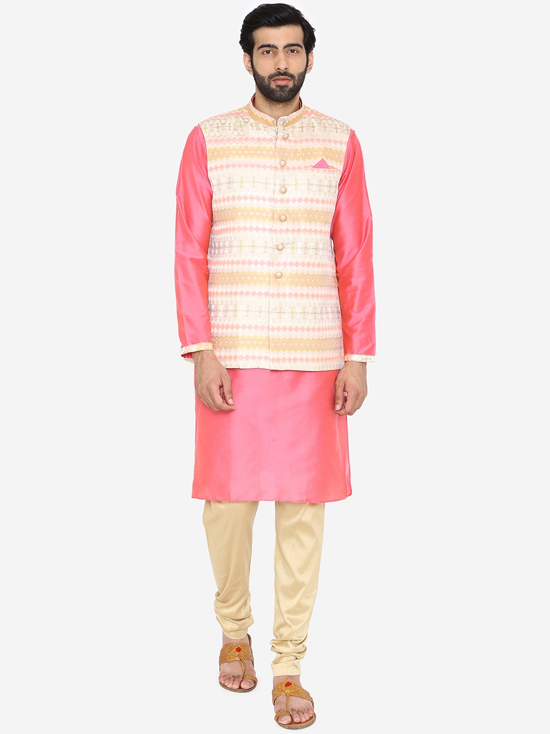 Manyavar Men Pink & Beige Self Design Kurta with Churidar & Nehru Jacket