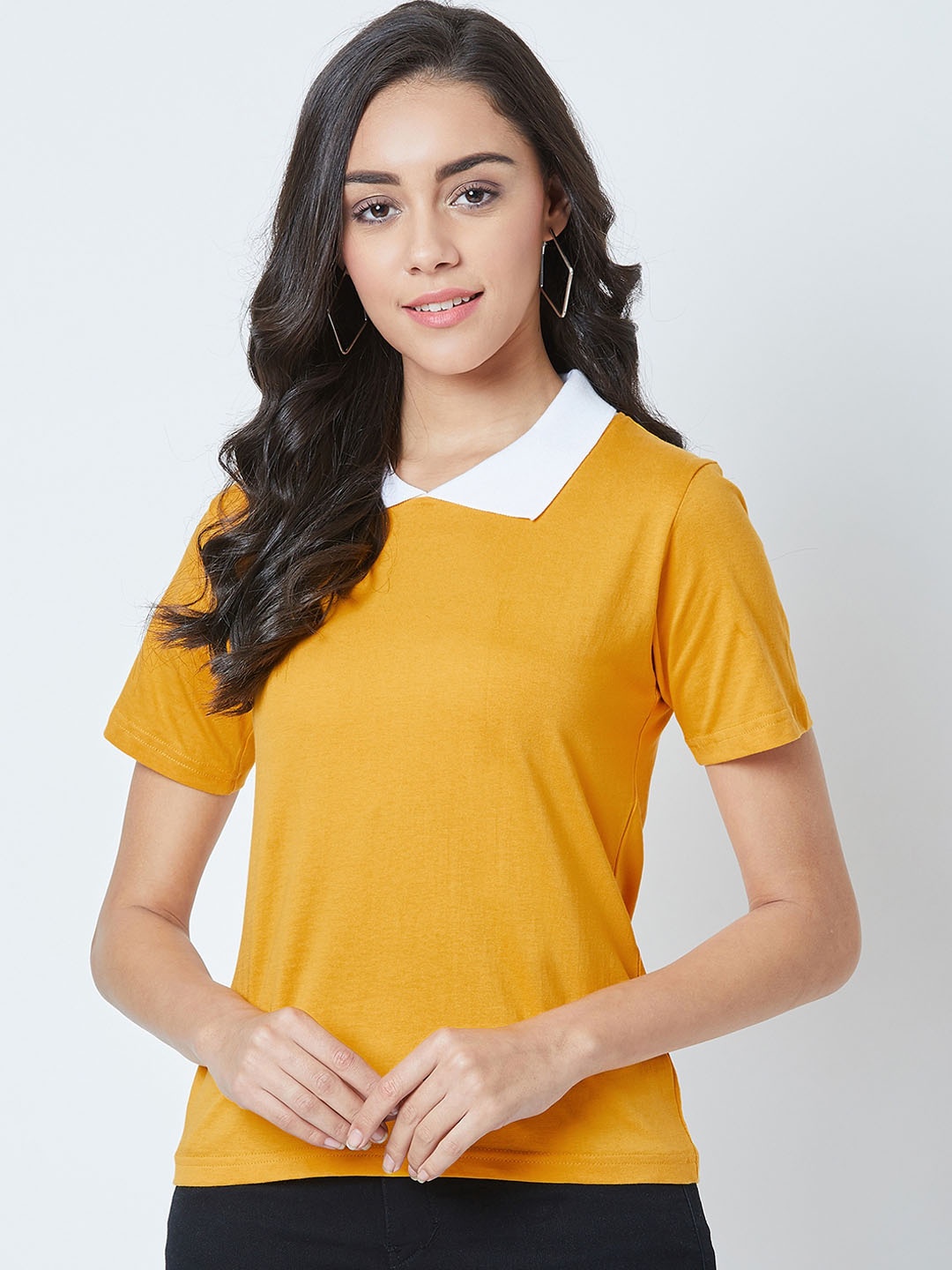 The Dry State Women Mustard Yellow Slim Fit Solid Polo Collar T-shirt