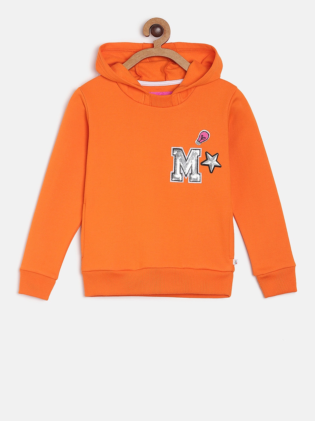 TALES & STORIES Girls Orange Solid Hooded Sweatshirt
