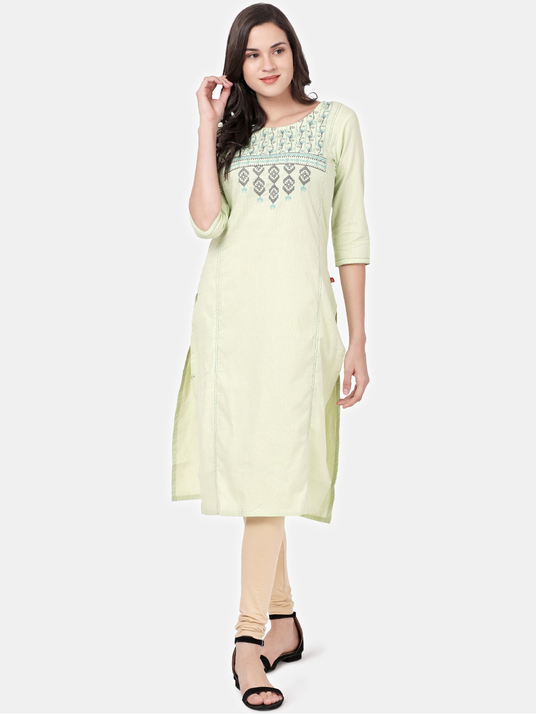 Alena Women Fluorescent Green Embroidered Straight Kurta