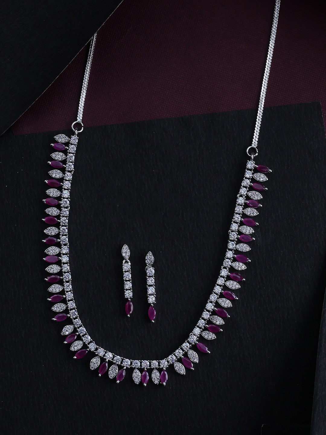 Studio Voylla Silver-Plated Magenta & White CZ Studded Handcrafted Jewellery Set
Studio Voylla Silver-Plated Magenta & White CZ Studded Handcrafted Jewellery Set