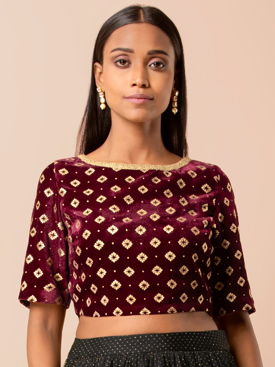 INDYA Women Maroon Embroidered Ethnic Crop Top