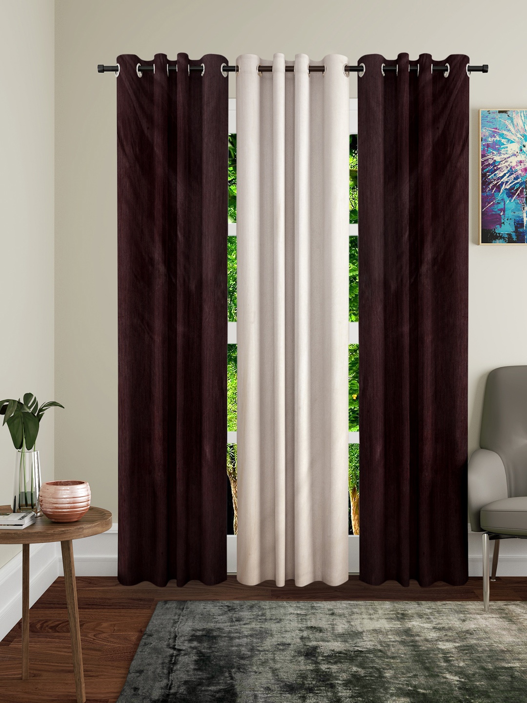 Home Sizzler Burgundy & Cream-Coloured Set of 3 Long Door Curtains