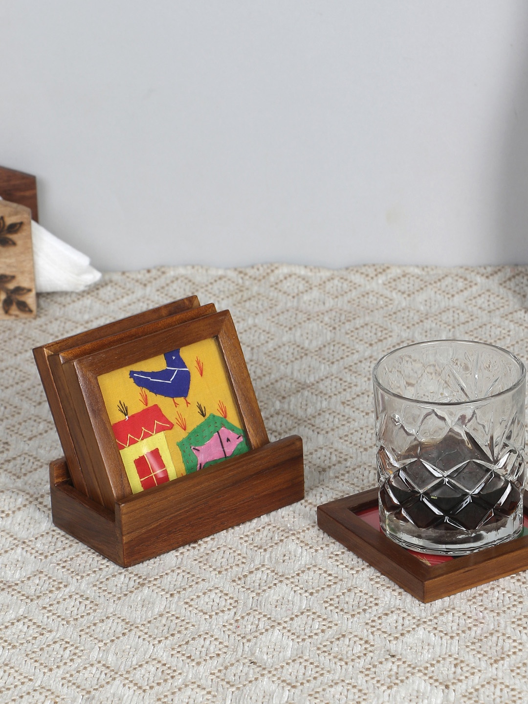VarEesha Set of 4 Brown & Yellow Hand-Made Applique Teak Wood Coasters With Holder, Multi
VarEesha Set of 4 Brown & Yellow Hand-Made Applique Teak Wood Coasters With Holder, Multi