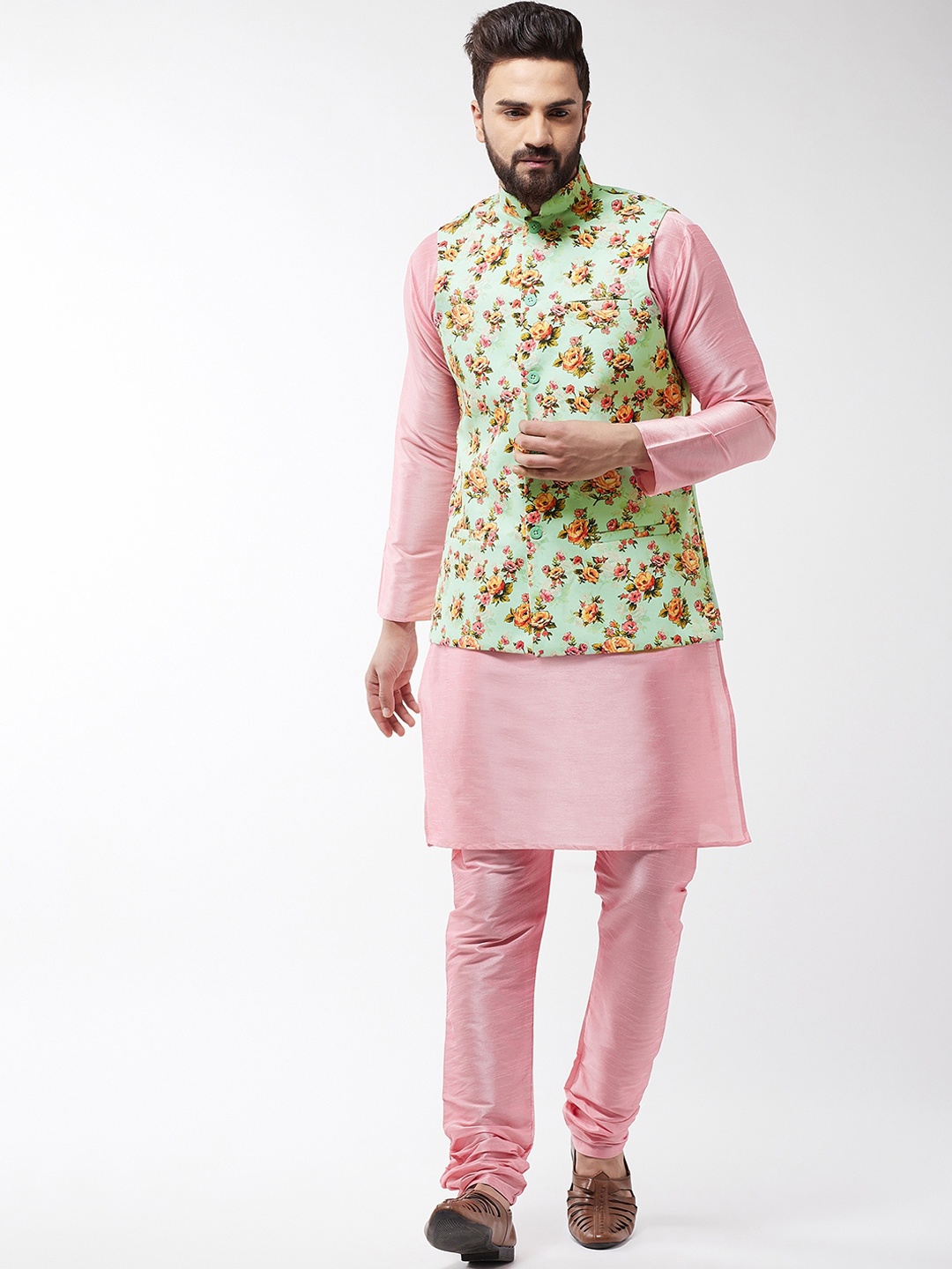 SOJANYA Men Pink & Green Printed Kurta with Churidar & Nehru Jacket