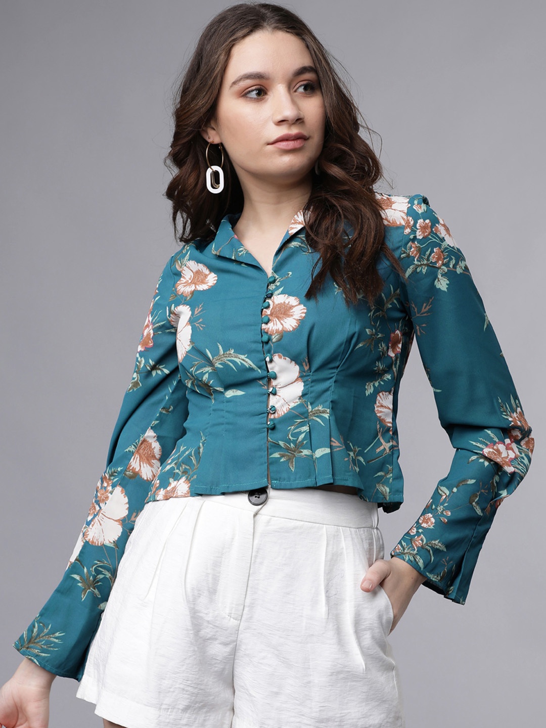 Tokyo Talkies Women Sea Green & Off-White Floral Print Shirt Style Crop Top